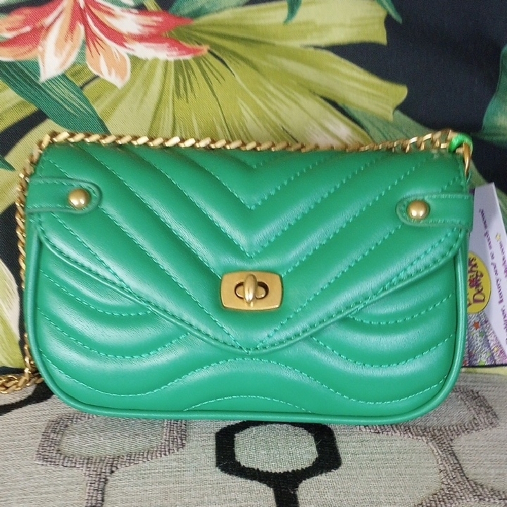 Emerald Green Mini-Chevron Quilted Crossbody Bag with Gold Hardware & iPod Case